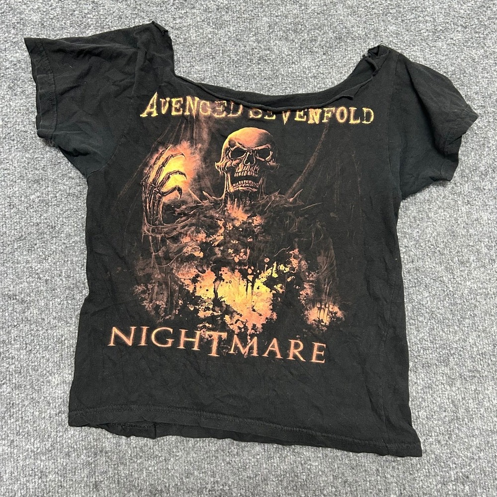 Avenged Sevenfold T-Shirt Womens S Black Nightmare Graphic Raw Neck Distressed